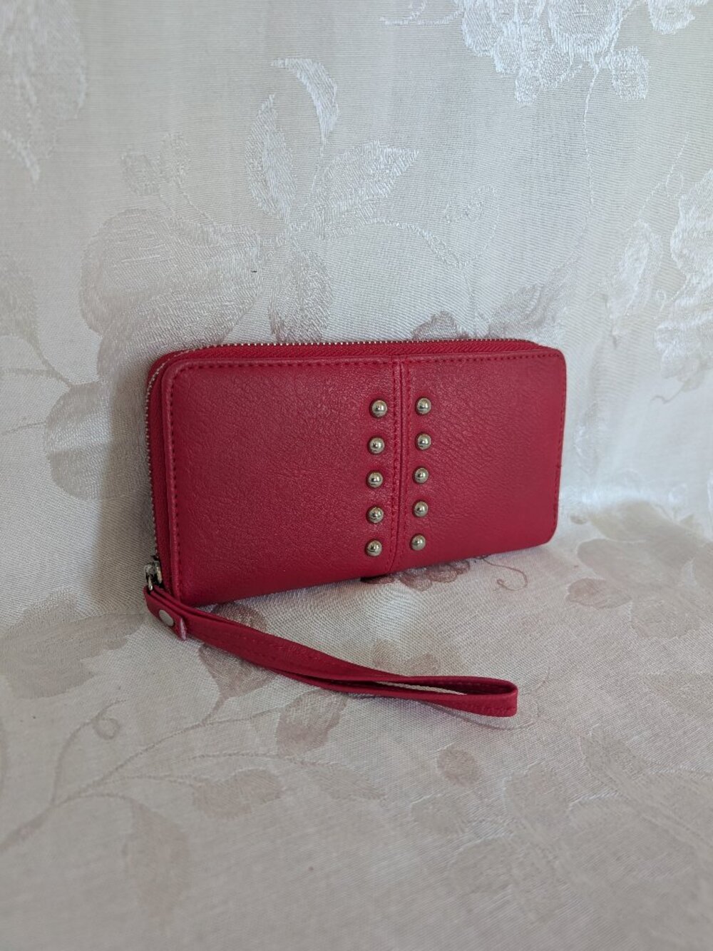 Red Imitation Leather Zippered Wallet with Silver Studs